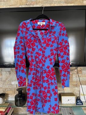 Diane Von Furstenberg Blue Dress with Red Floral Print